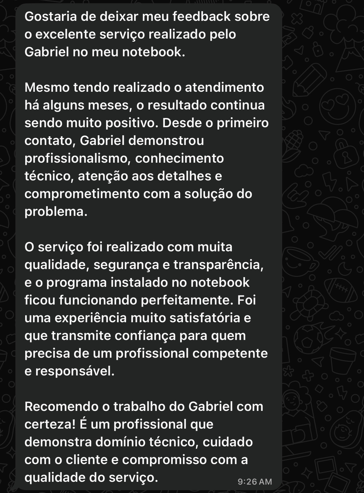 Avaliação de cliente Leandro